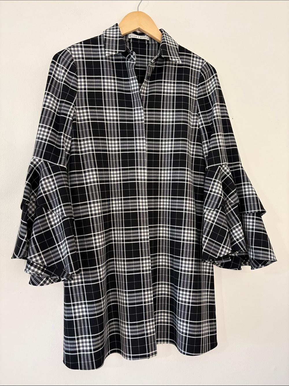 Alice + Olivia Dress Double Trumpet Sleeves Shirtdress Plaid Black White XS S